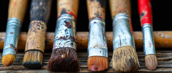   A row of paintbrushes aligned on a wooden slatted surface - obrazy, fototapety, plakaty