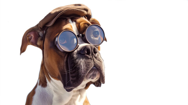 Funny Pedigree Boxer Dog wearing glasses and a hat purebred guard dog on a transparent background