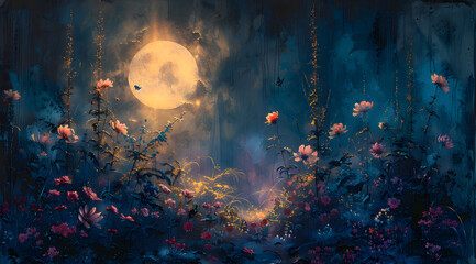 Enchanted Nocturne: Oil Painting of Nighttime Fauna and Flora Cast in Moonlit Shadows - obrazy, fototapety, plakaty