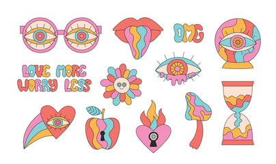 Retro groovy hippie abstract glasses, heart, eye, mouth, mushroom, ball. Cartoon trippy stickers set