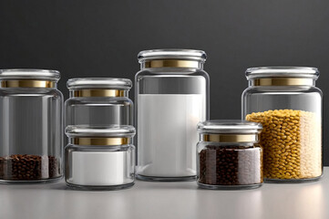 Transparent plastic jars for storing bulk products with lids on white isolated background. Backdrop of cans container with lid for storing food and bulk product. Jar for food. Copy ad text space