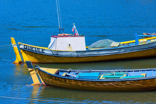 Fishing boats at Southern Chile at a small village named Queule, Chile, South America