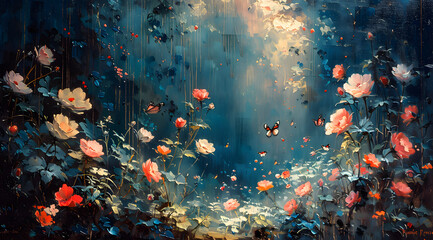 Fototapeta na wymiar Mystical Moonlight Reverie: Oil Painting of Flowers and Butterflies Bathed in Moonlit Shadows