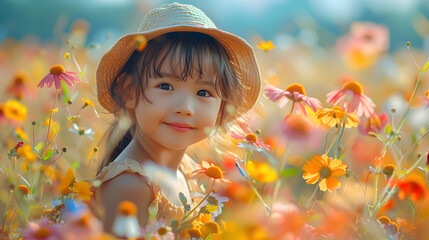 a little girl playing in a flower field, a little girl wearing a hat is smiling in a meadow with blooming flowers. Explore nature with children. Outdoor rural activities. images for children's day