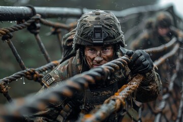 In tense focus, this close-up captures a soldier's determination as he climbs a rugged rope, showcasing physical endurance and effort