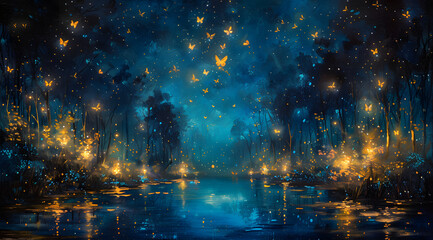 Enchanted Luminescence: Oil Painting Capturing Fireflies and Butterflies in Nocturnal Harmony