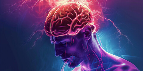 Epilepsy: The Seizures and Loss of Consciousness - Visualize a person with highlighted brain showing abnormal electrical activity, experiencing seizures and loss of consciousness - obrazy, fototapety, plakaty