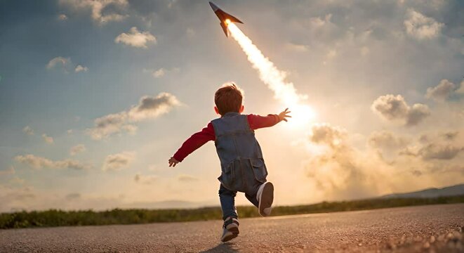 Excited boy looking at a rocket.