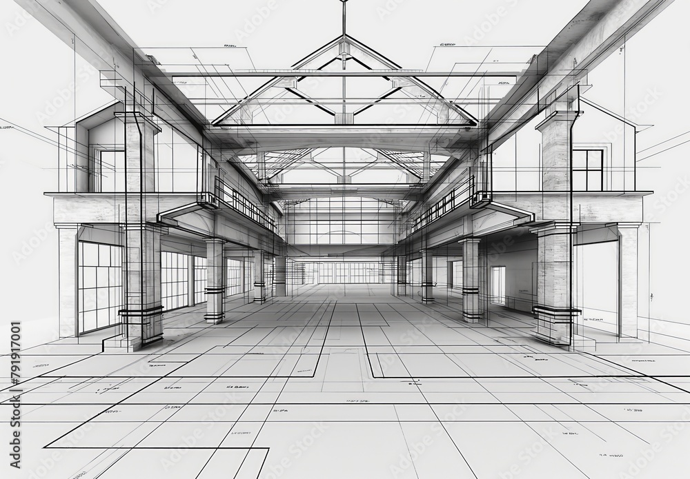 Poster Industrial building wireframe rendering with architectural and construction details