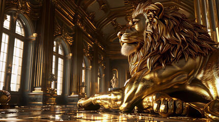 Golden lion sculpture resting majestically in opulent hall, reflecting themes of power, wealth, and regality, rendered with photorealism in the style of contemporary digital art. - obrazy, fototapety, plakaty