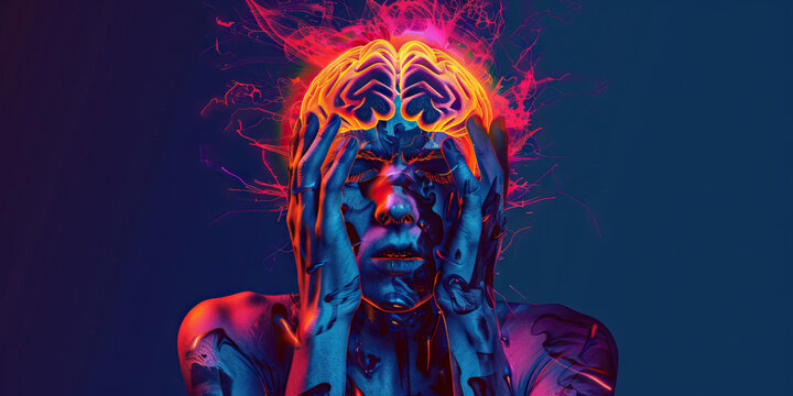 Panic Disorder: The Panic Attacks and Hyperventilation - Visualize a person with highlighted brain showing neurotransmitter imbalance, experiencing panic attacks and hyperventilation,