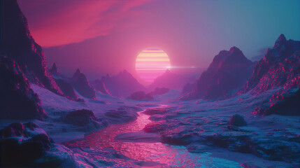 Synthwave retro futurism mountain landscape with a glowing sunset over a frozen river. - obrazy, fototapety, plakaty