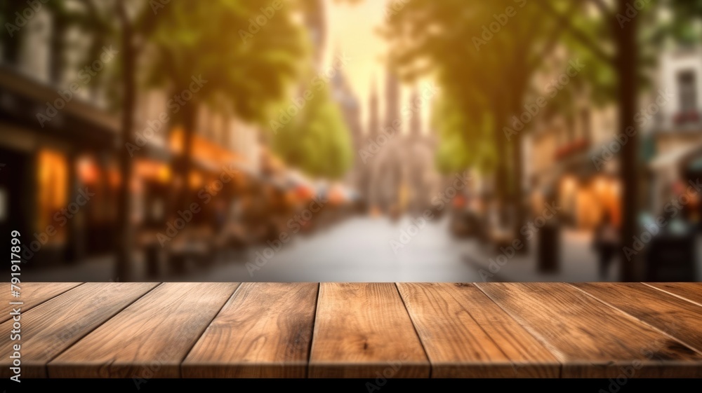 Aufkleber the empty wooden table top with blur background of european street. exuberant image. generative ai