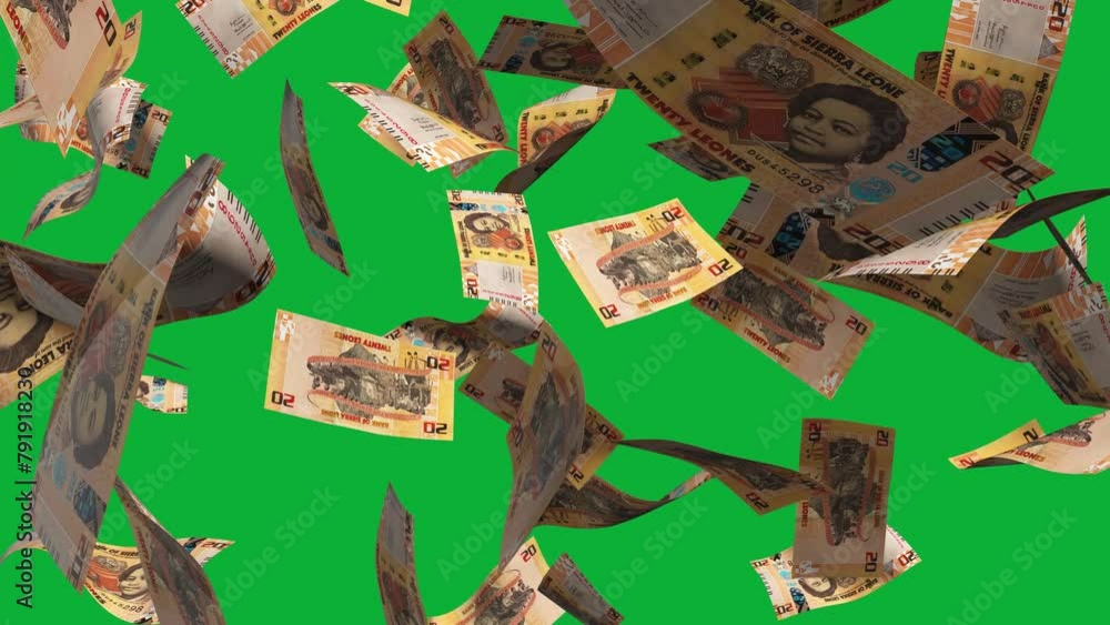 Poster 3d animation of sierra leonean leone notes falling on blue screen. you can remove the background by 