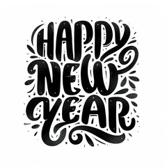 A black and white lettering text drawing of a happy new year