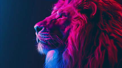 A majestic lion with a vibrant pink mane and blue eyes, set against a dark background, in a striking and captivating digital art style, conveying strength, power, and a sense of mystery. - obrazy, fototapety, plakaty