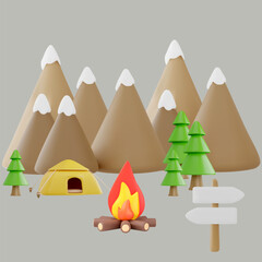 Camping scene. Vector tent, fire, trees and mountain background.