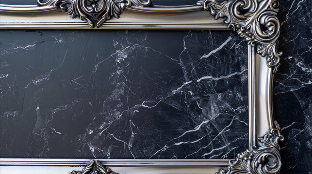 ornate silver frame with black marble background conveys luxury and elegance, perfect for displaying photos or artwork in a classic or contemporary setting