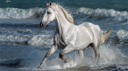 Obraz na płótnie Canvas White horse running on beach, alone, strong, majestic Illustration of powerful horse galloping amidst nature, with shadow Horseback riding, farm, wildlife