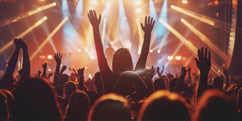 Euphoric festival crowd raising hands in front of bright stage lights at a live music event,photography, performing arts, silhouette, backlit, orange