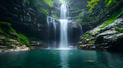 A powerful waterfall in a tropical forest, captured with a wide lens to include both the top and the pool below