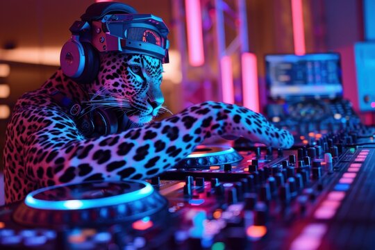 A leopard wearing headphones and sunglasses is djing at a nightclub.
