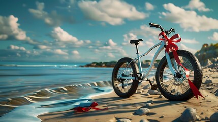 Fototapeta premium lack and White Mountain Bike with Red Ribbon as Gift at beach