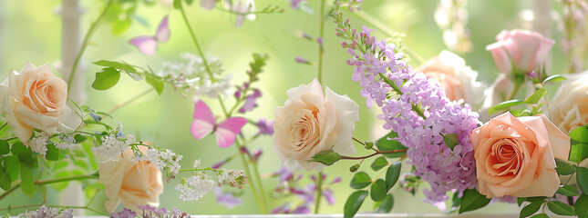 Pastel Roses and Lilacs with Soft Light
