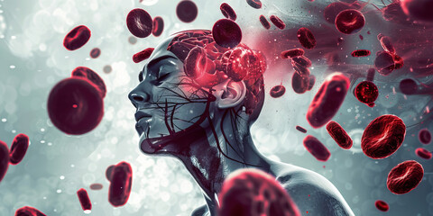 Polycythemia Vera: The Headache and Dizziness - Visualize a person with highlighted blood showing overproduction of red blood cells, experiencing headache and dizziness