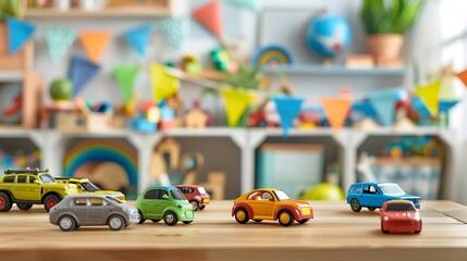 Little boy room desk with colorful toy cars nursery for young kid with educational vehicle and transport toys