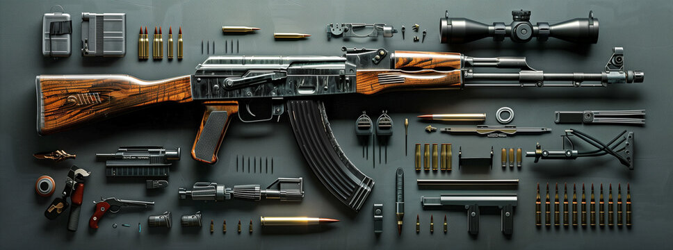 Disassembled Rifle and Accessories on Dark Background
