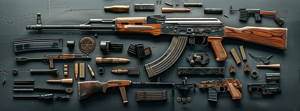 Disassembled Rifle and Accessories on Dark Background
