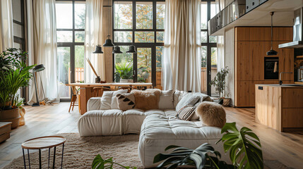 Przytulny elegancki luksusowy i minimalistyczny pokój salon z wysokim sufitem wygodną sofą firanami i zasłonami na oknie i wiszącymi lampami