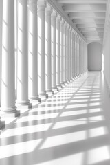 A long hallway with white pillars and a lot of sunlight, AI