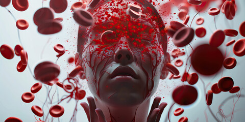 Polycythemia Vera: The Headache and Dizziness - Visualize a person with highlighted blood showing overproduction of red blood cells, experiencing headache and dizziness