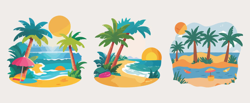 Summer Beach Party or Tropical Island Icons. Vector Illustration.