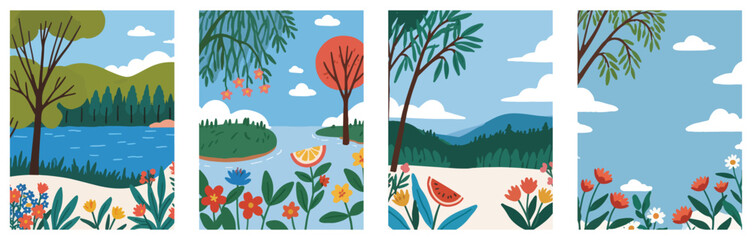 Collection of Vector Landscape Posters. Mountain Scenery with Lush Green Trees and Beautiful Blooming Flowers.