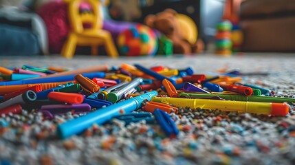 Lots of colorful pens and toys scattered on the carpet at home