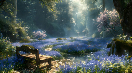 A quiet forest glade with a carpet of bluebells, captured in wide-angle to emphasize the expansiveness of the flower-covered ground