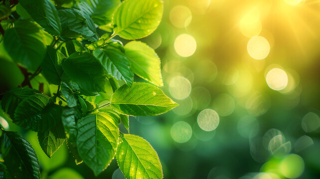 green leaf with bokeh of foliage with copy space , spring nature background .