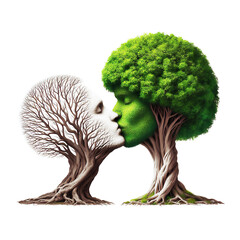 Two trees shaped as a human head attracted together as a devoted loving couple with kissing lips for a healthy passionate relation. Love therapy, how to support a sick partner with a healthy partner