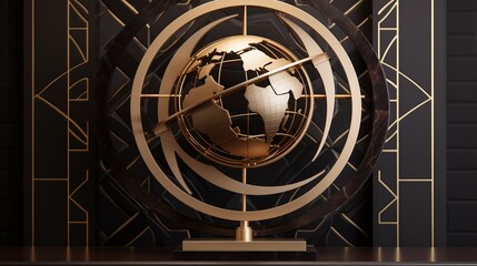 A stunning fusion of Art Deco flair and modern 3D design, featuring a globe sculpture with ornate details and dynamic angles. - obrazy, fototapety, plakaty