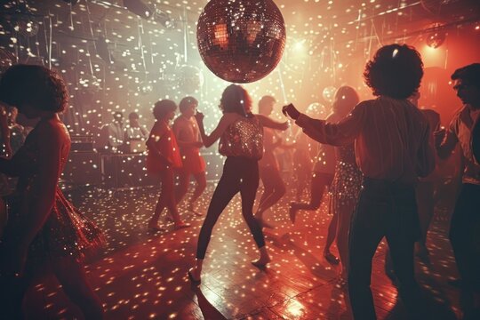 70s people dancing in a club. The club is lit up with colorful lights.