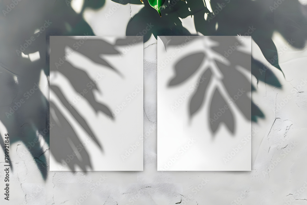 Poster 2 vertical sheets of textured white paper on soft gray table background. mockup overlay with the pla