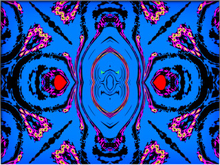 Abstract, symmetrical pattern with a central blue, white and pink shape surrounded by mirror-imaged designs resembling eyes, within a border