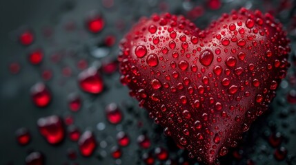A red heart shaped object with water droplets on it, AI
