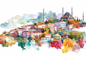 Istanbul A painting of a city with a large blue dome on top of a building. The painting is of a city with a river running through it.