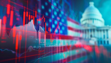 A stock market graph with red and green lines on the left, showing varying up and down movements In front of it is American flag and behind that there's a blurred view of The White House Generative AI