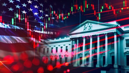 A stock market graph with red and green lines on the left, showing varying up and down movements In front of it is American flag and behind that there's a blurred view of The White House Generative AI
