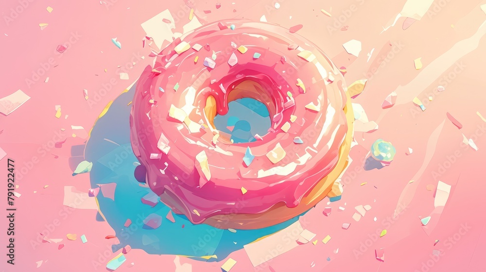 Poster an overhead perspective of a pink donut adorned with colorful sprinkles presented in a sleek and min